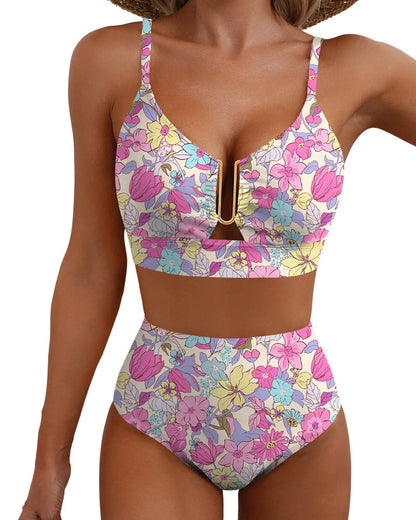 Margot™ | women's v-neck floral cintura alta tummy-control bikini bañador